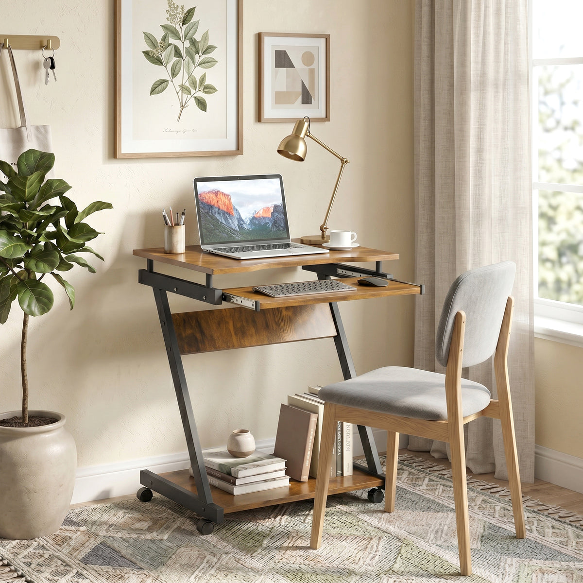 HOMCOM Movable Computer Desk With 4 Moving Wheels Rustic Brown