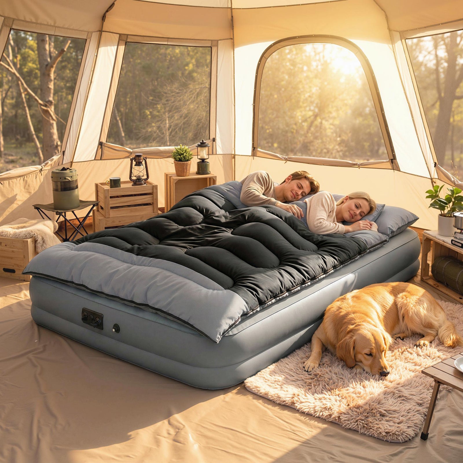 Double Sleeping Bag With 2 Pillows, 220 X 160cm Sleeping Bag | Black & Grey
