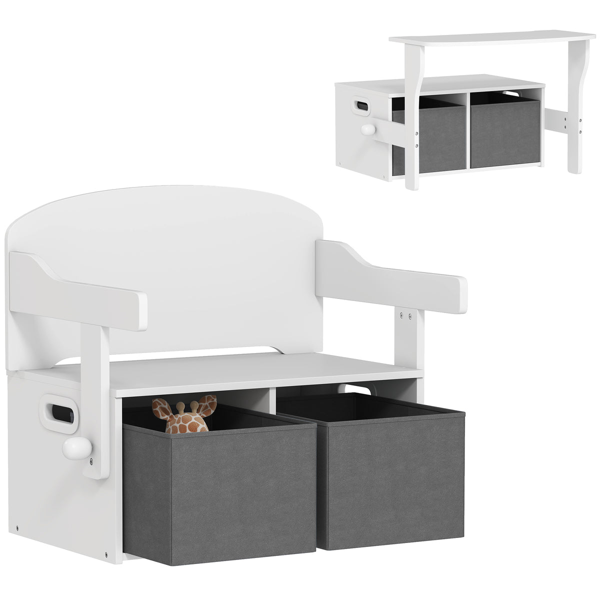 AIYAPLAY 3 In 1 Kids Storage Bench, Toddler Table And Chair Set, White