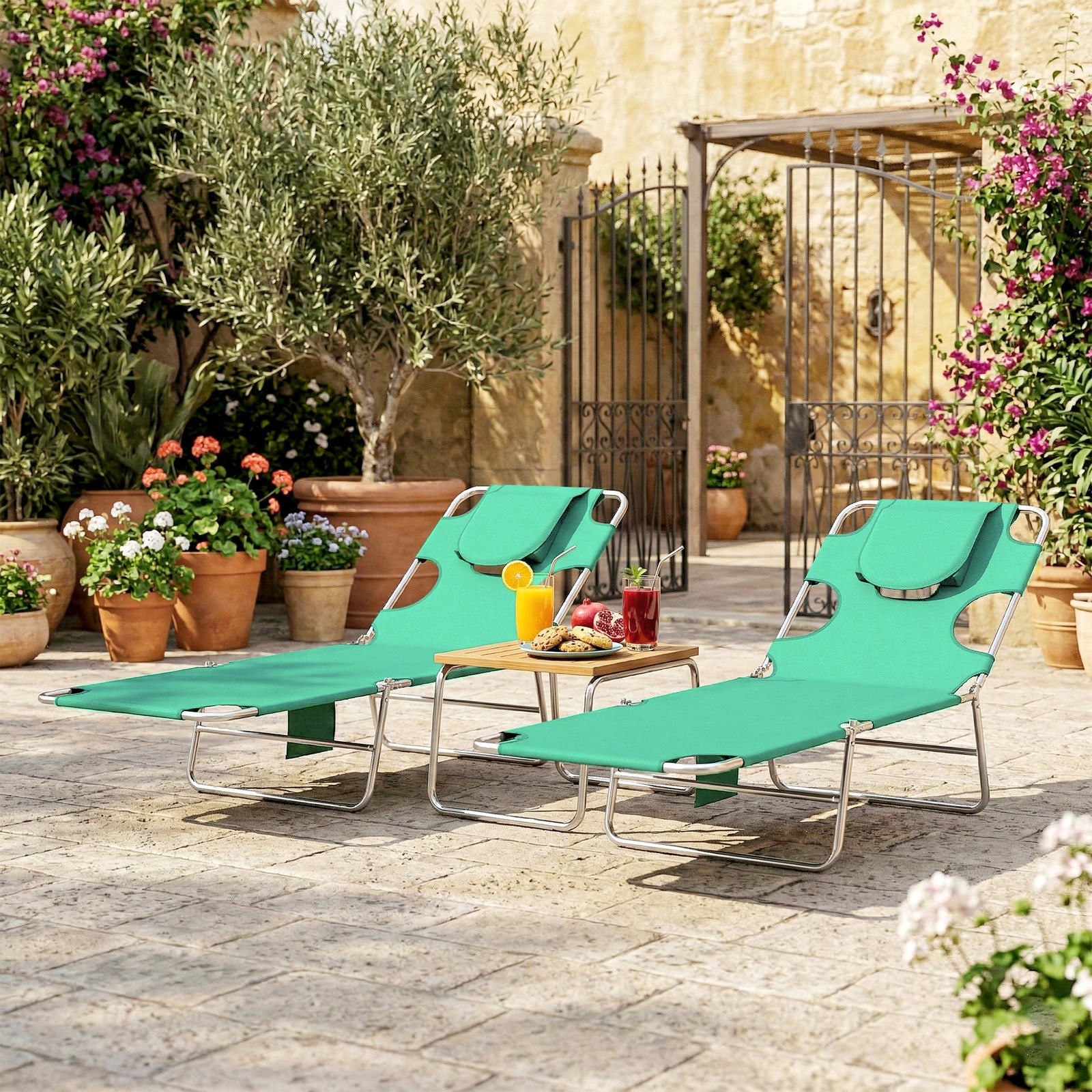 2 Sun Loungers With Reading Hole, Folding Garden Lounger | Green