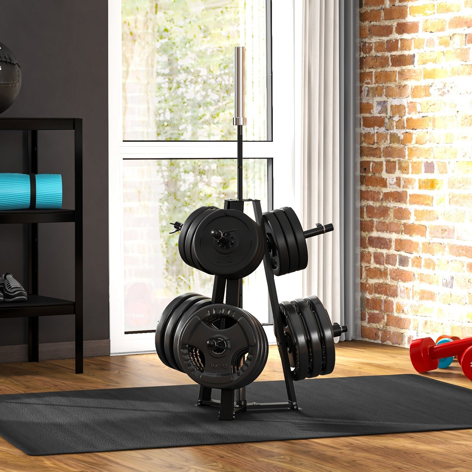 Weight Plate Rack For 5cm Weight Plates And Barbell Bar | Black