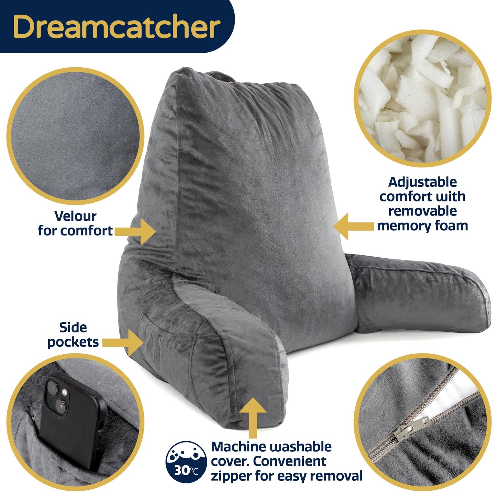 Large Reading Pillow, Shredded Memory Foam Cuddle Cuddle Cushion Backrest, Arm Support ,washable Velvet Cover | L | Grey
