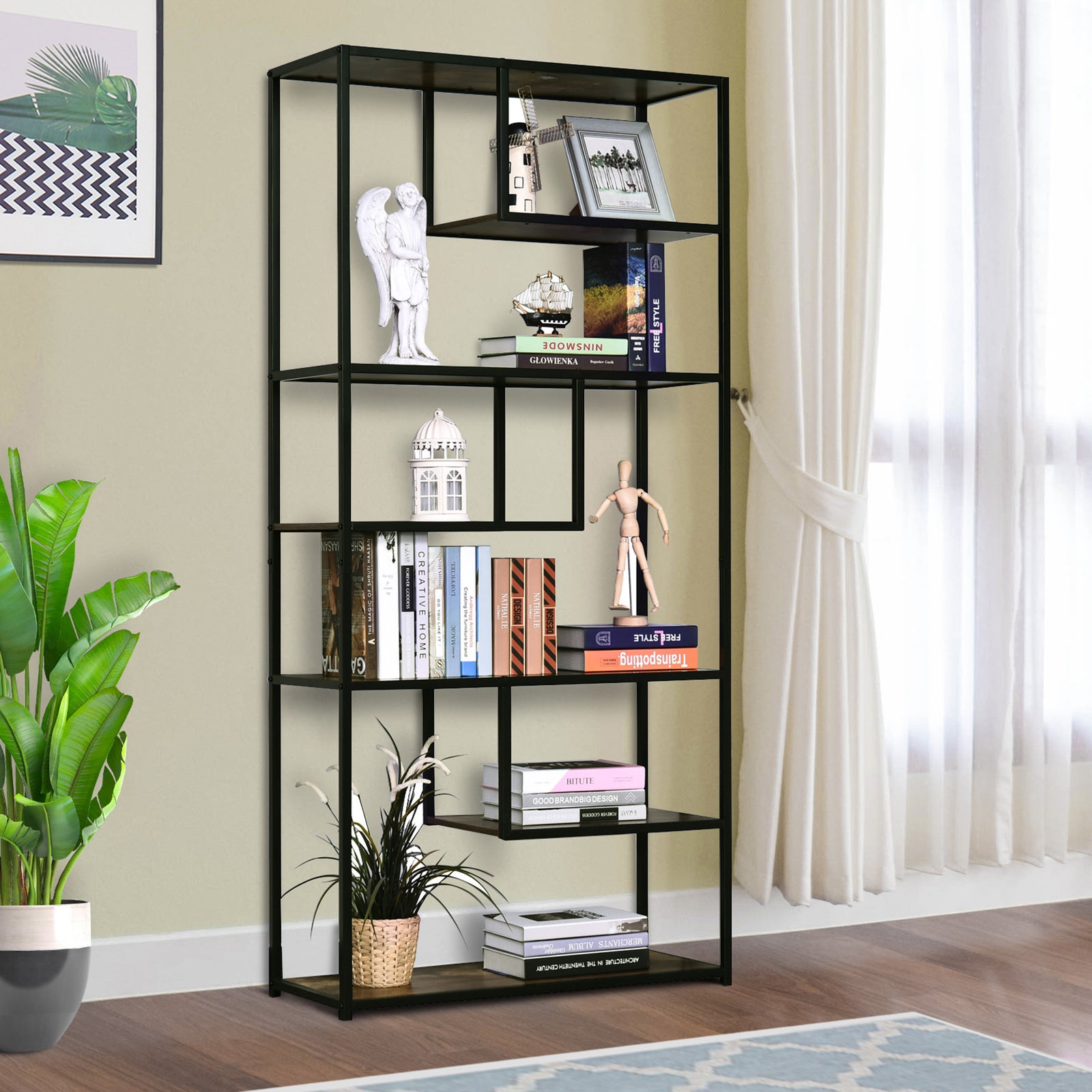 Wood Bookshelf Industrial Style 6 Tier Display Rack
