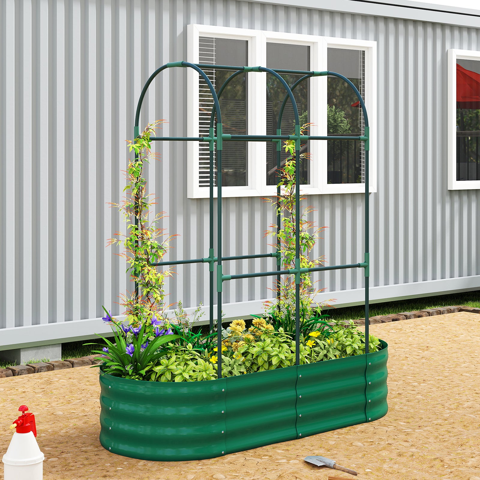 4 X 2 X 4.6ft Galvanised Raised Garden Bed With Trellis | Green