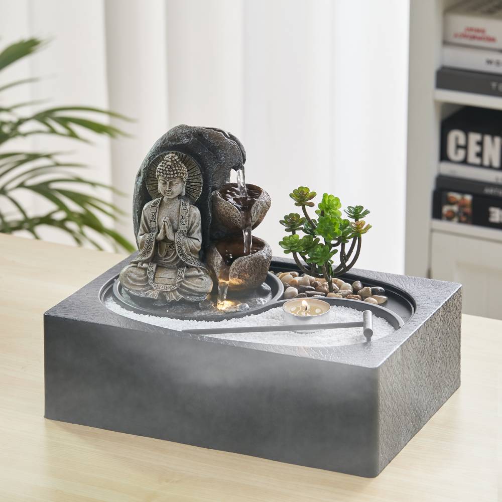 Buddha Zen Tabletop Fountain With Led Light, Tealight Holder And Succulent