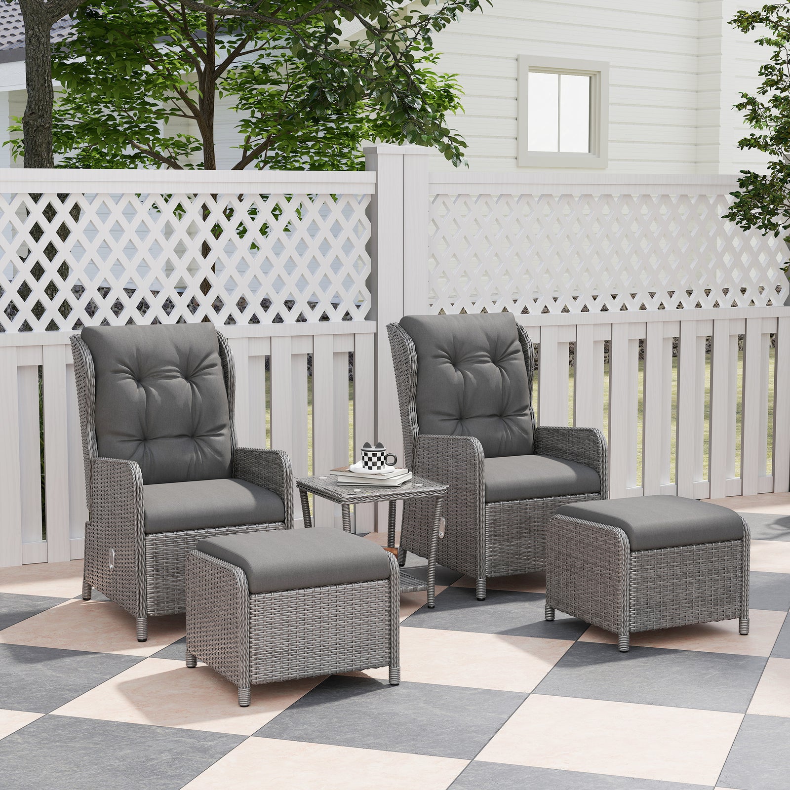 Recliner Rattan Garden Furniture W/ Two-tier Glass Top Table | Light Grey