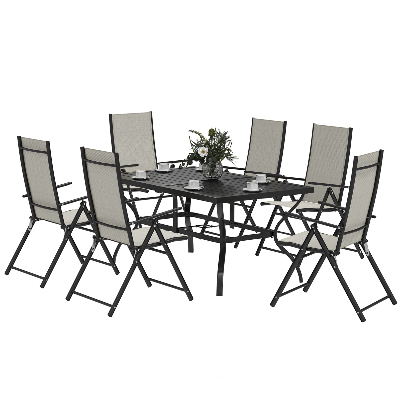 7 Pcs Garden Dining Set, Folding Chairs And Metal Top Table | Khaki