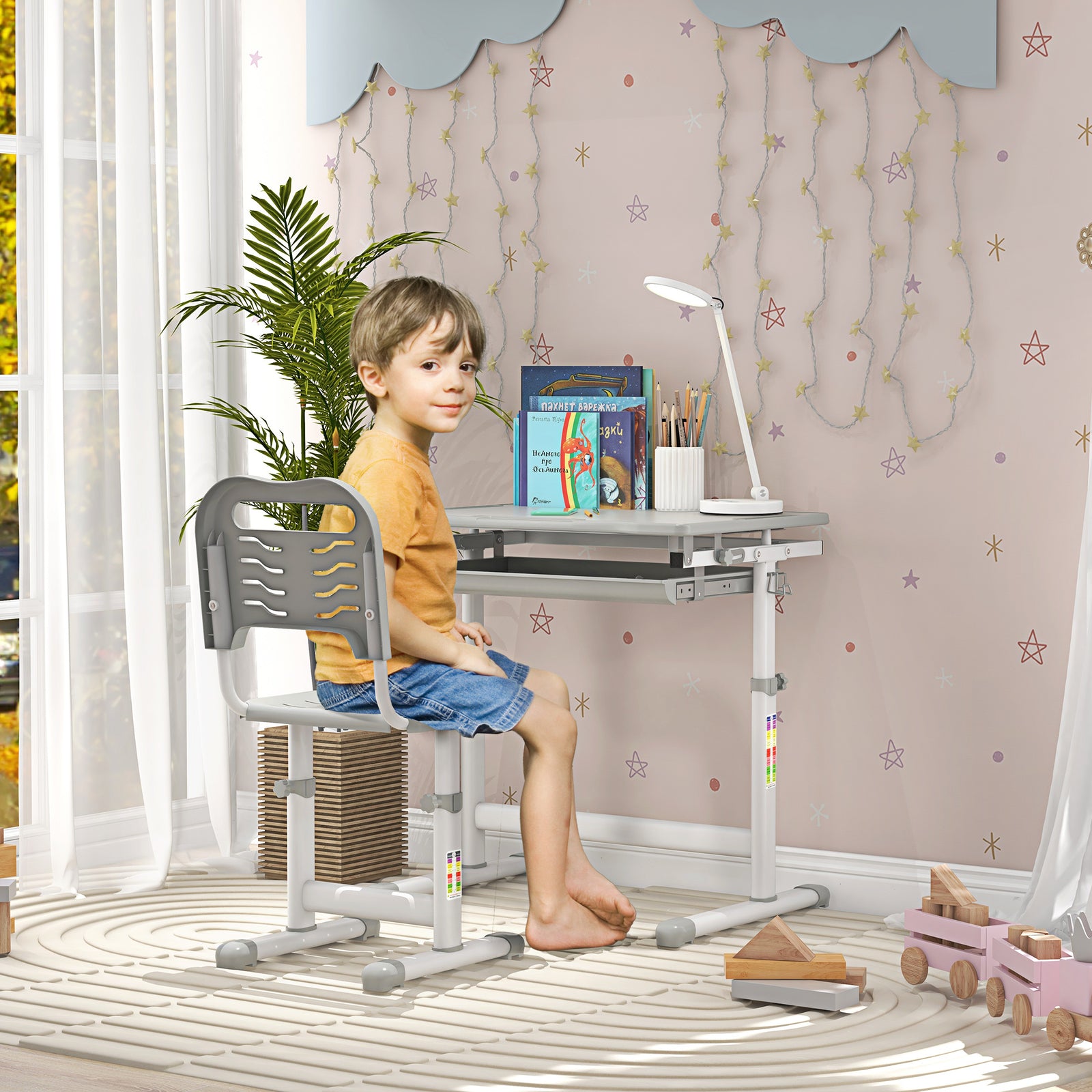 Kids Desk And Chair Set W/ Drawer, Pen Slot Hook | Grey