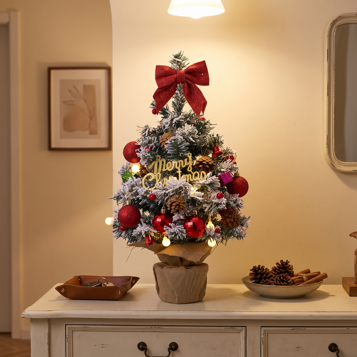 24in Pre-lit Snow-flocked Artificial Mini Artificial Christmas Tree, Merry Christmas