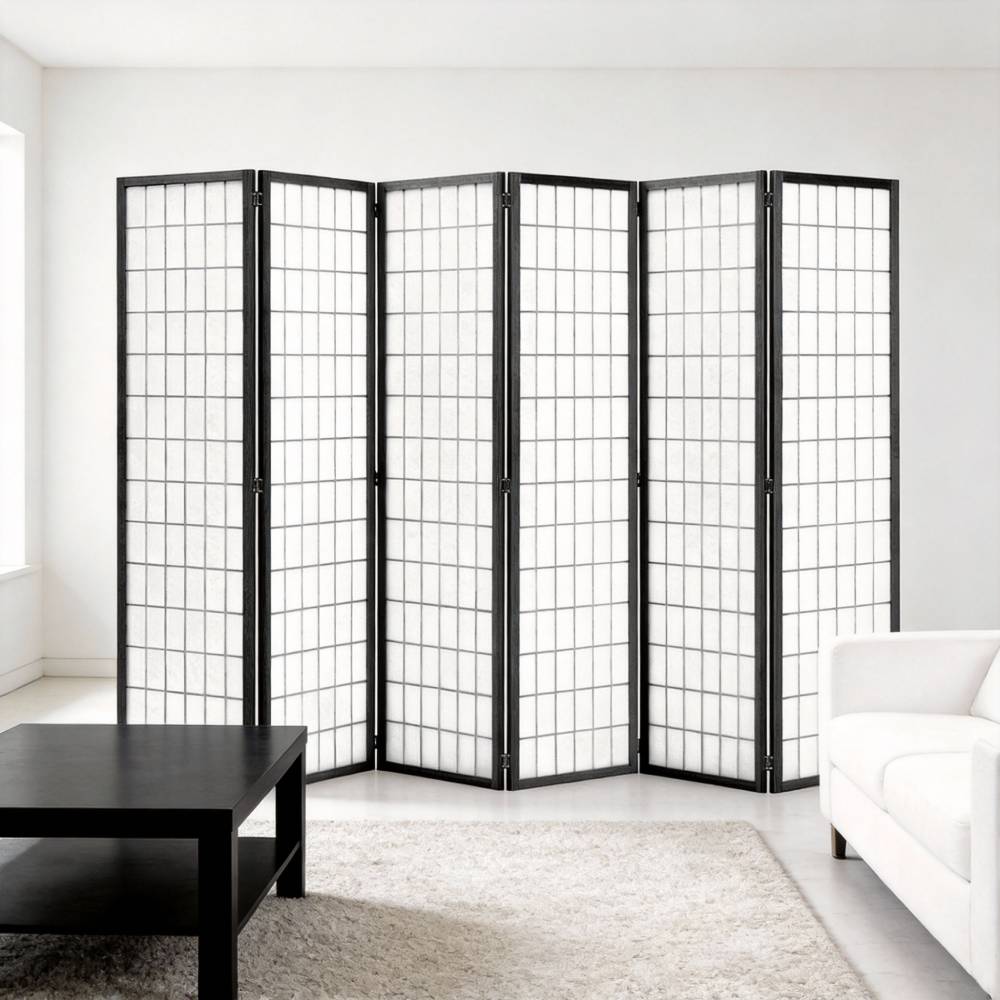 6-panel Freestanding Room Divider – Pine Wood Lattice Design | Black