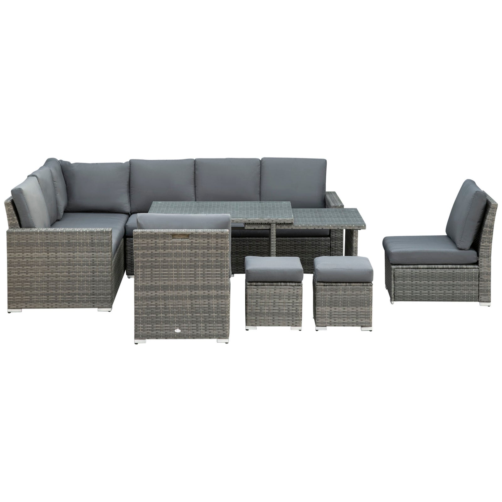 Sofa Sectional W/ Cushioned Seat, Footstools And Glass Table | Gray