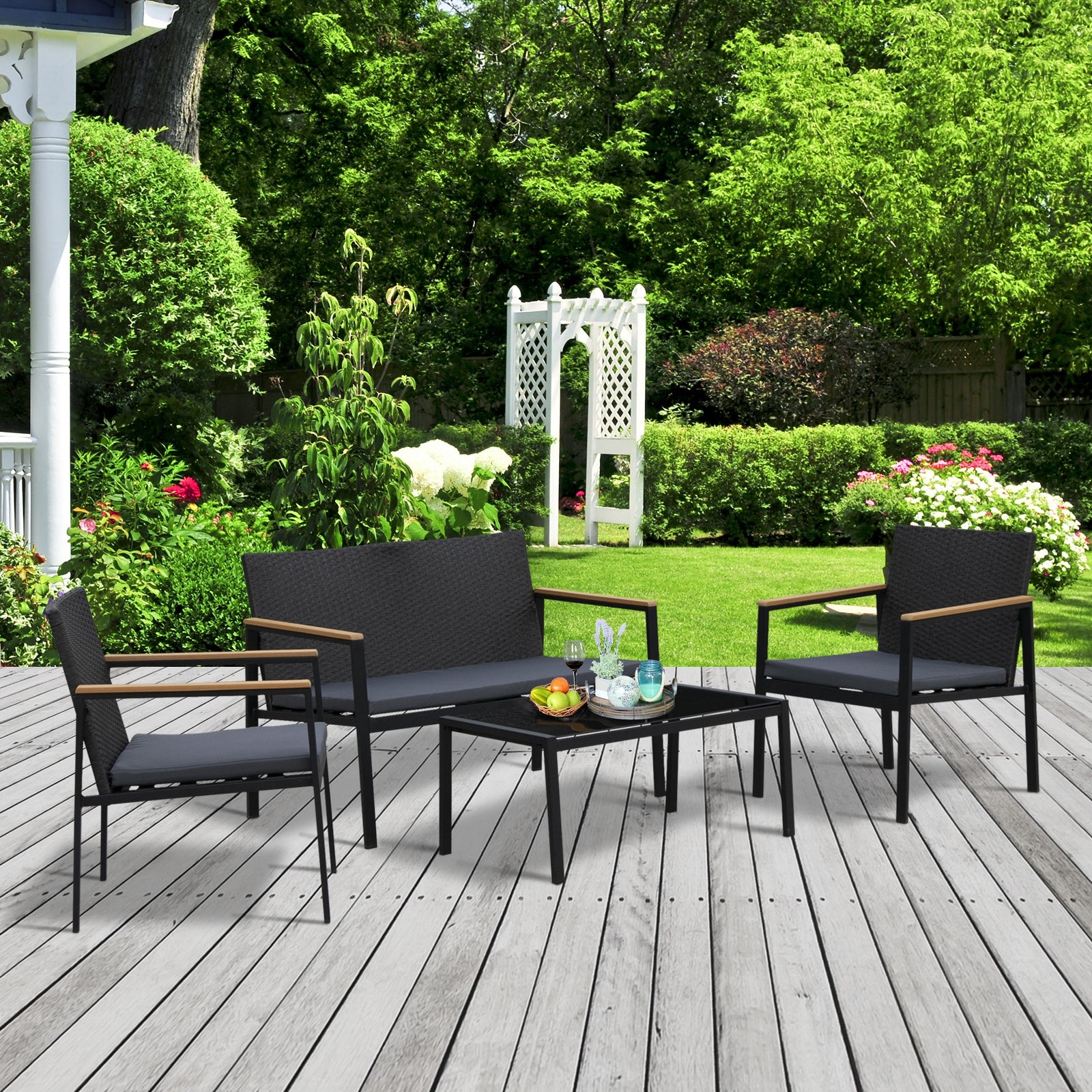 4 Pcs Pe Rattan Furniture Set W/ Cushions Table