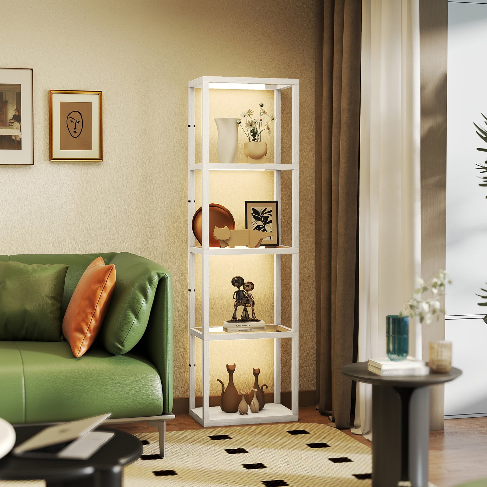 Led Floor Lamp With Glass Shelves, Dimmable Room Lamp | Oak