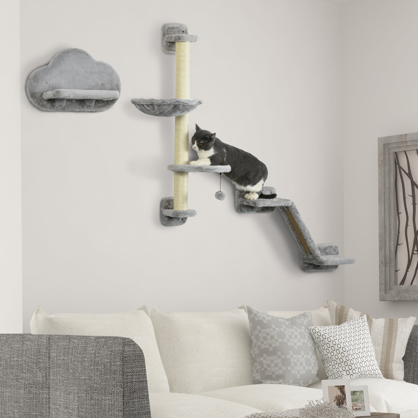 Cat Wall Furniture W/ Hammock, Platforms, Ladder, Scratching Post - Grey