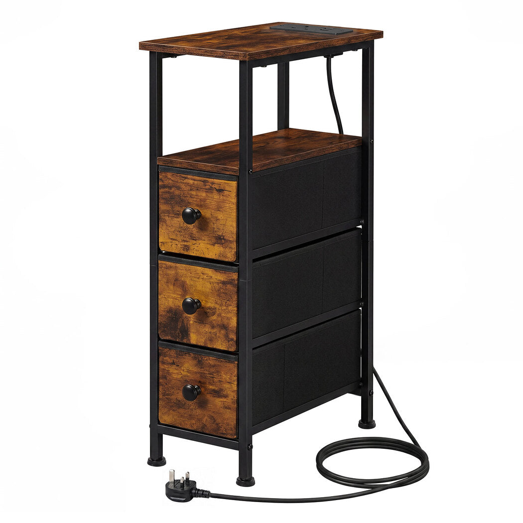 Bedside Table With Led Light Charging 3 Fabric Drawers Storage Brown | Brown