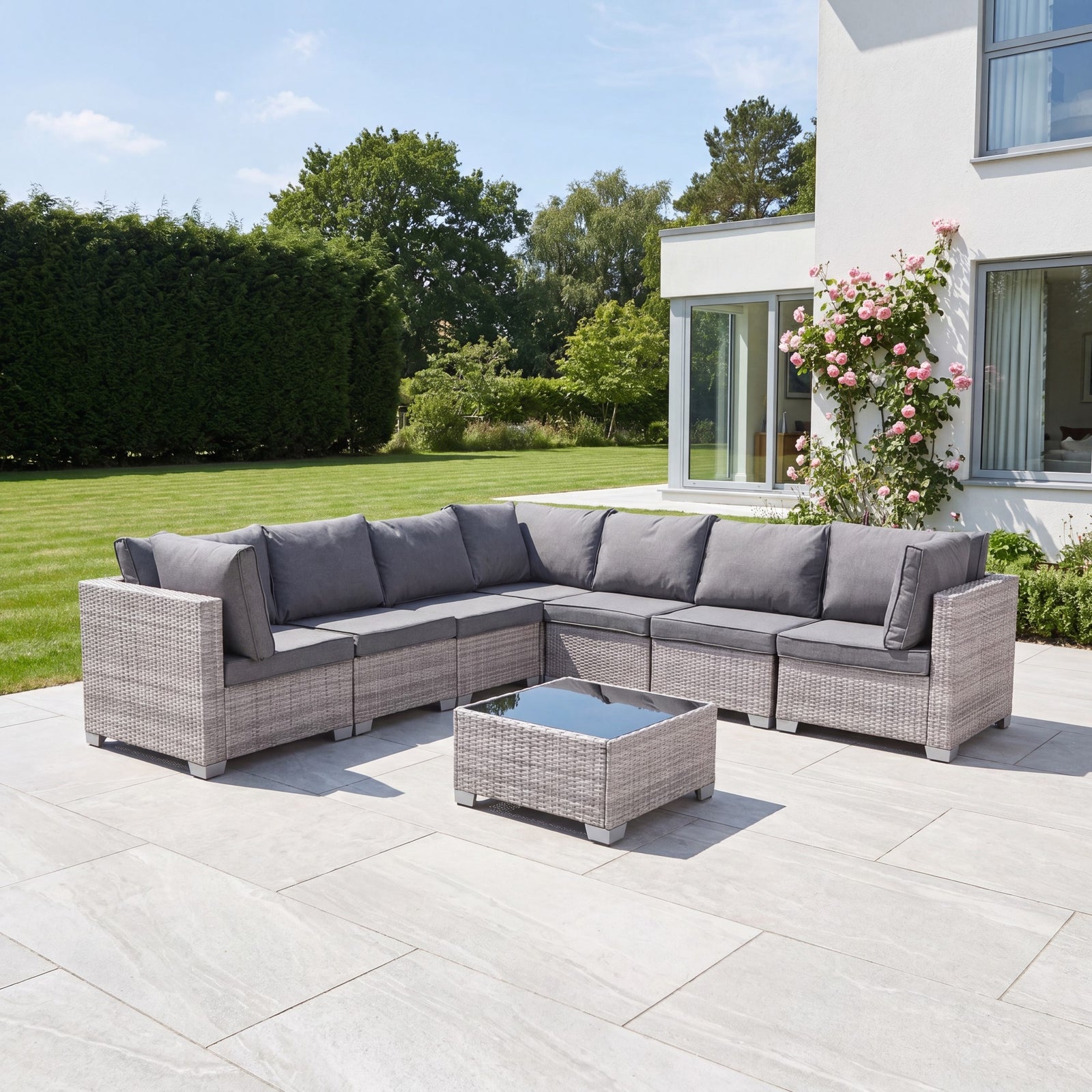 Saviano 7 Seat Modular Large L-shaped Rattan Corner Set | Grey