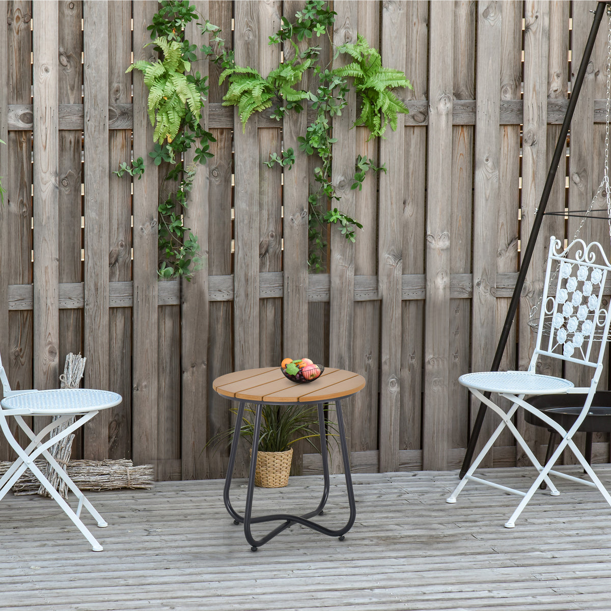 Outsunny Round Outdoor Side Table Adjustable Leg Pads Natural Wood & Black