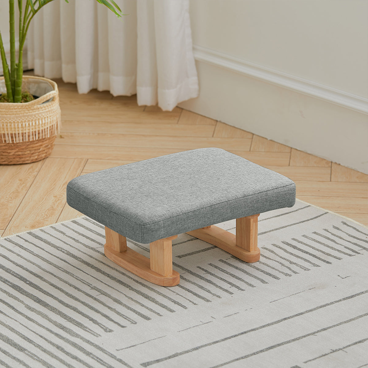 Linen Upholstered Footstool With Wooden Legs | Grey