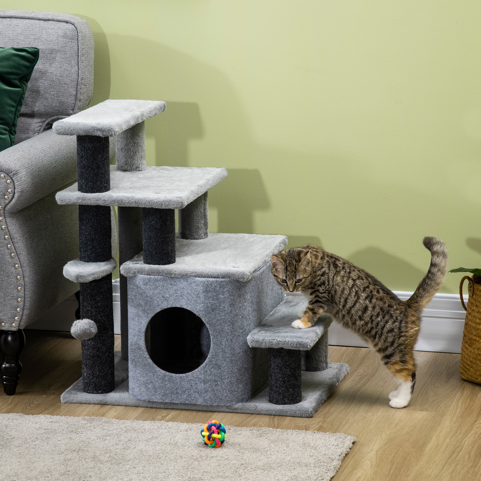 Dog Steps For Bed 4 Step Pet Stairs Cat House With Detachable Cover | Gray