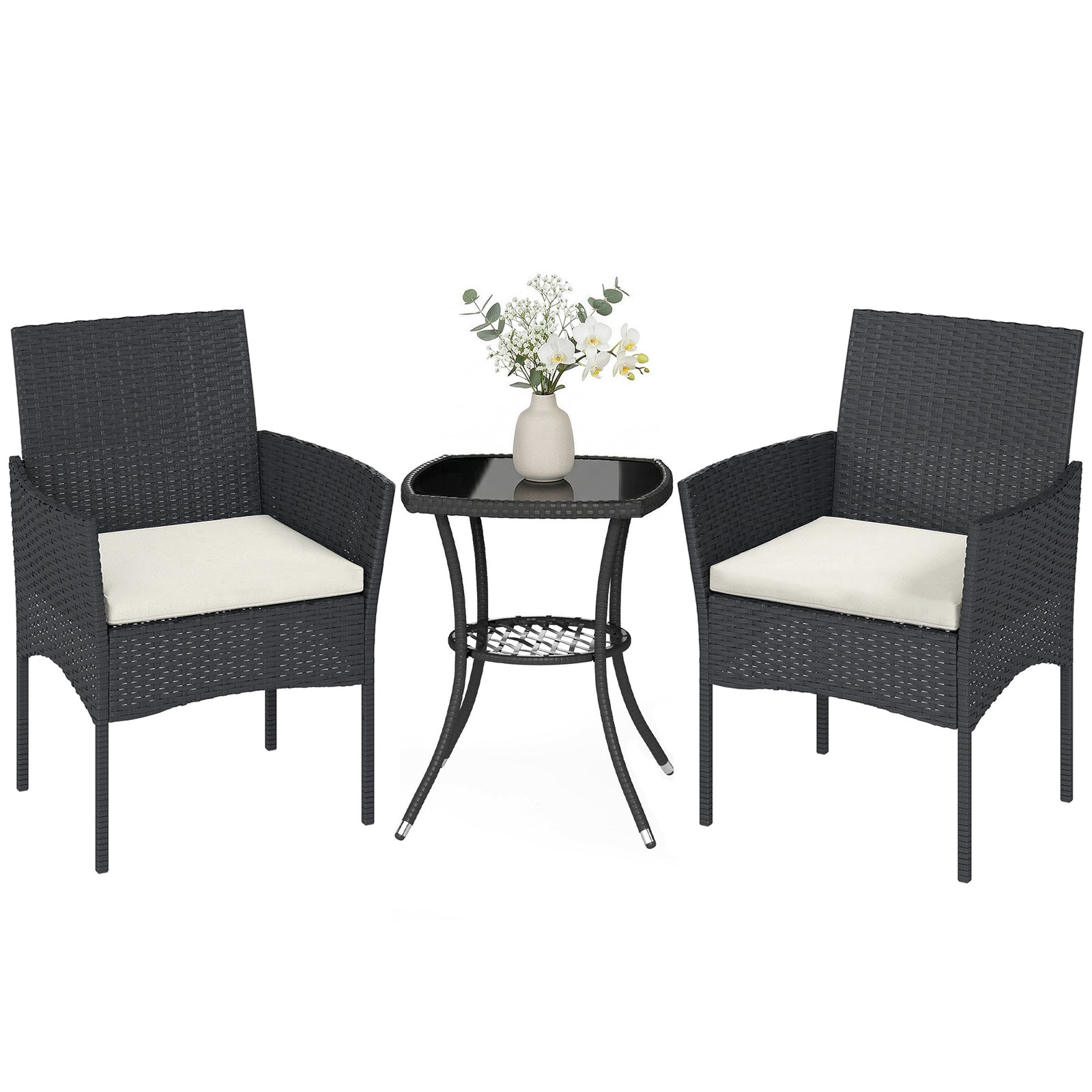 3 Piece Rattan Bistro Set With 2 Tier Glass-top Table, Chairs | White