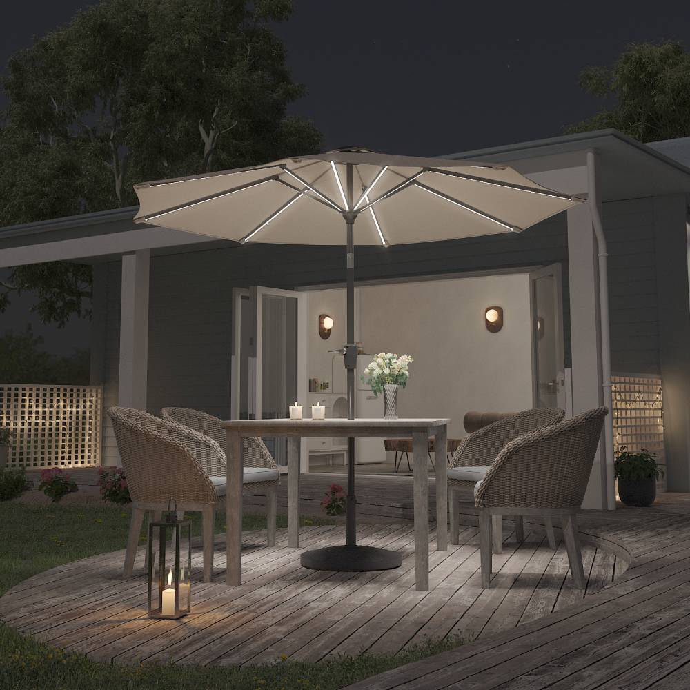 3m Solar Led Patio Umbrella, Outdoor Parasol With 16 Led Tubes, Crank Lift & Push Button Tilt With Round Base | One Size | Beige