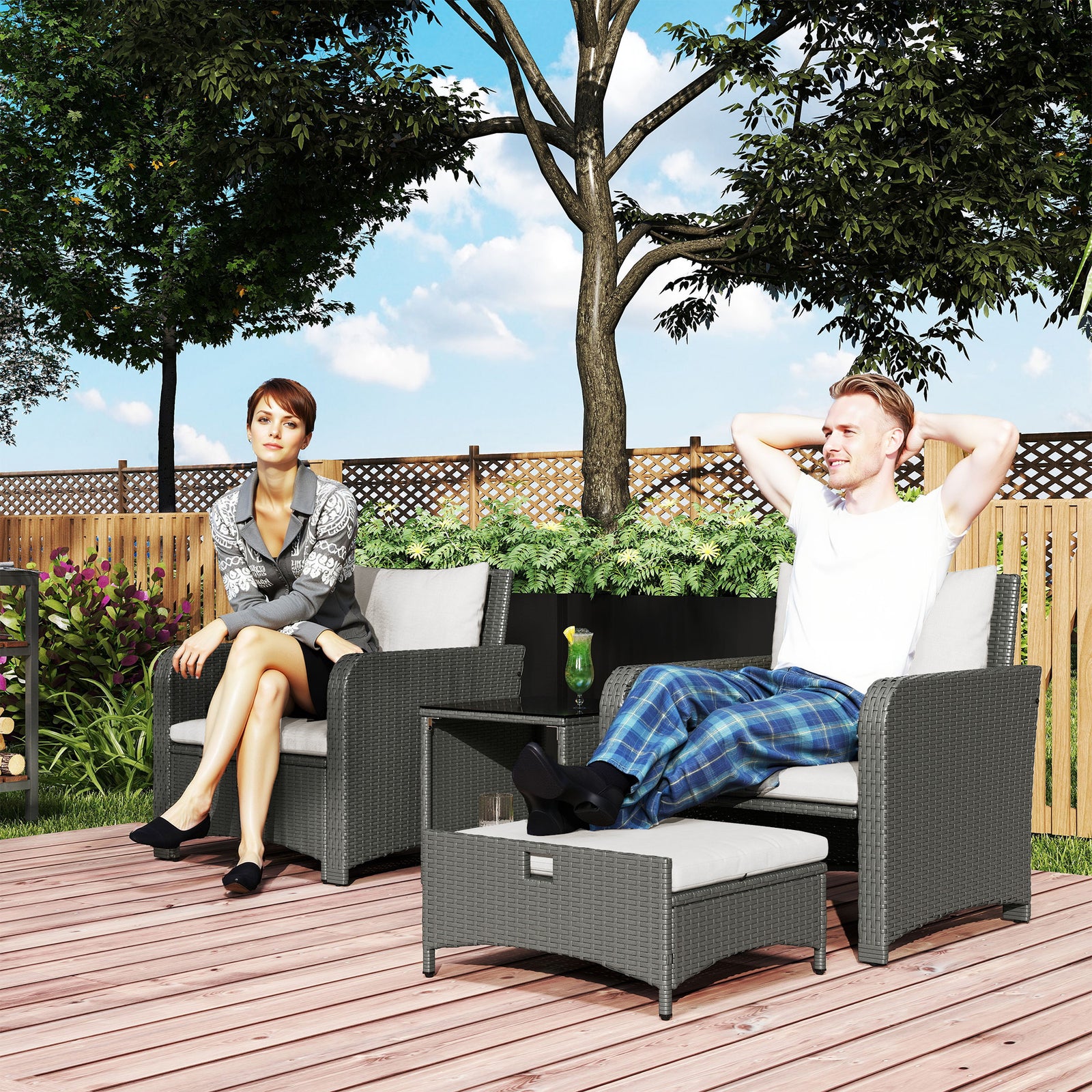 Wicker Patio Conversation Set With 2 Armchairs And 6 Cushions | Cream
