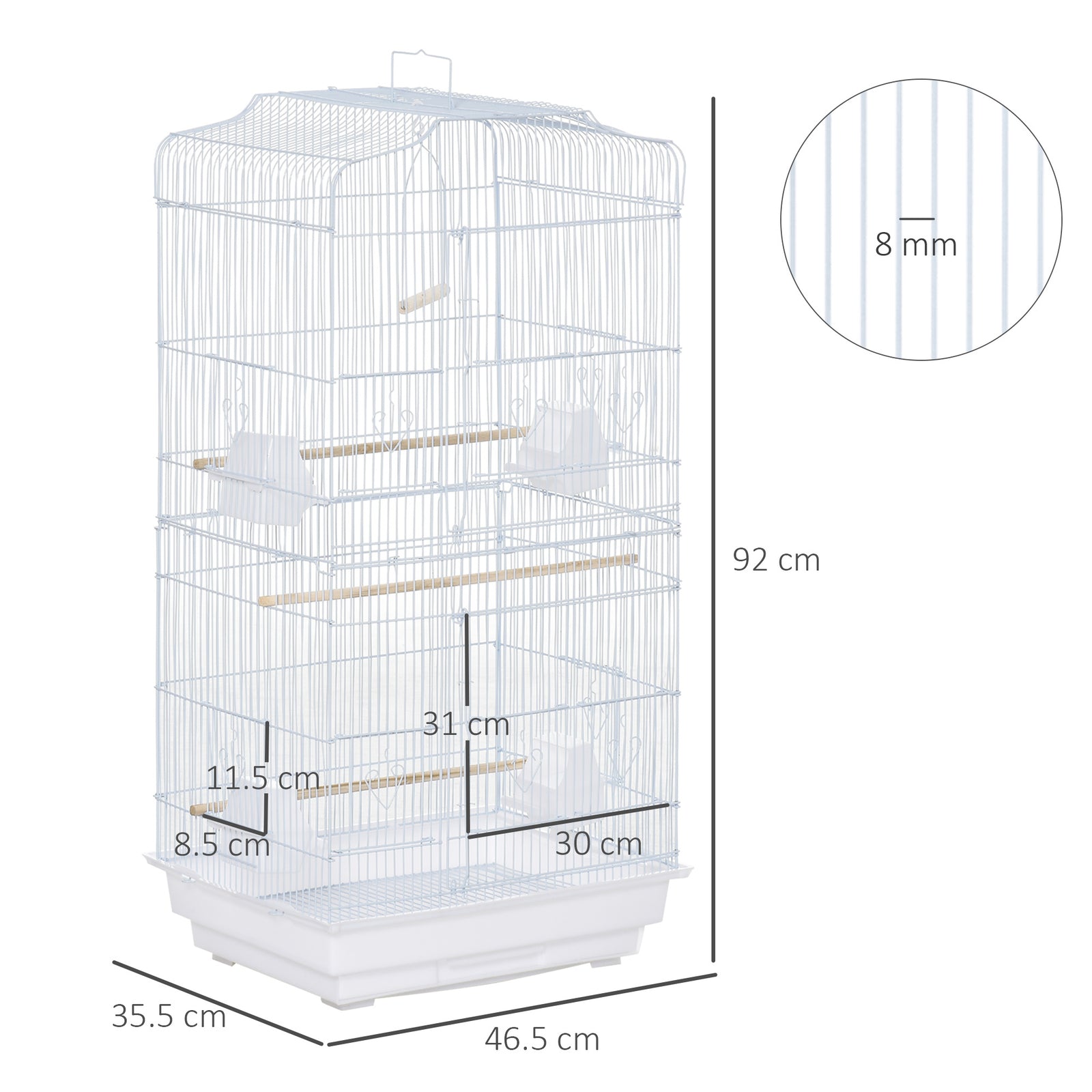 92cm Large Bird Cage With Perches, Food Bowls, Swing | White