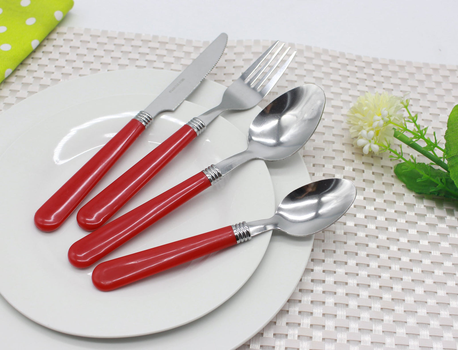 Cutlery Sets Stainless Steel Red Plastic Handle 24 Piece Set