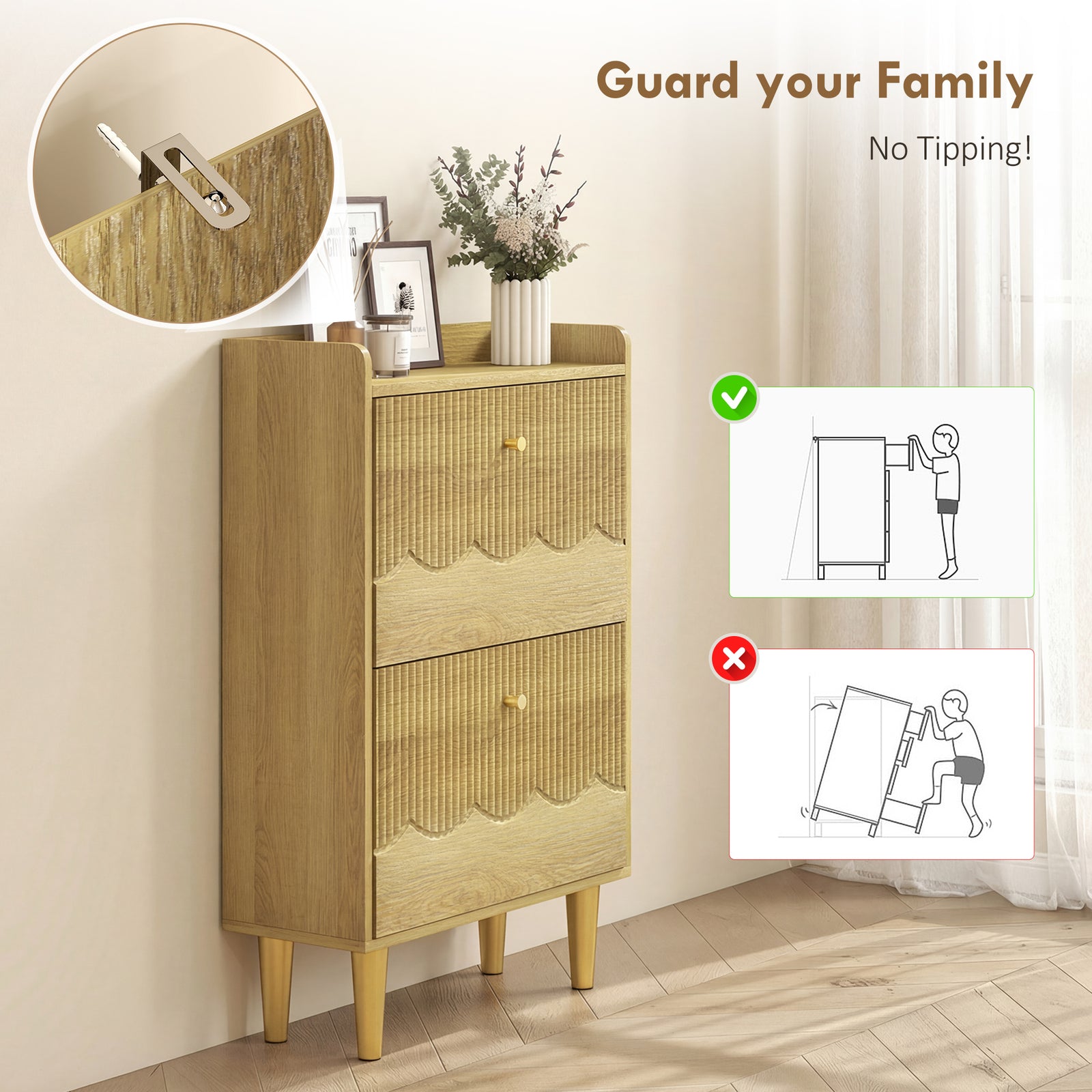 Narrow Shoe Cabinet, Shoe Storage Cabinet With Flip Drawers, Oak | M | Oak