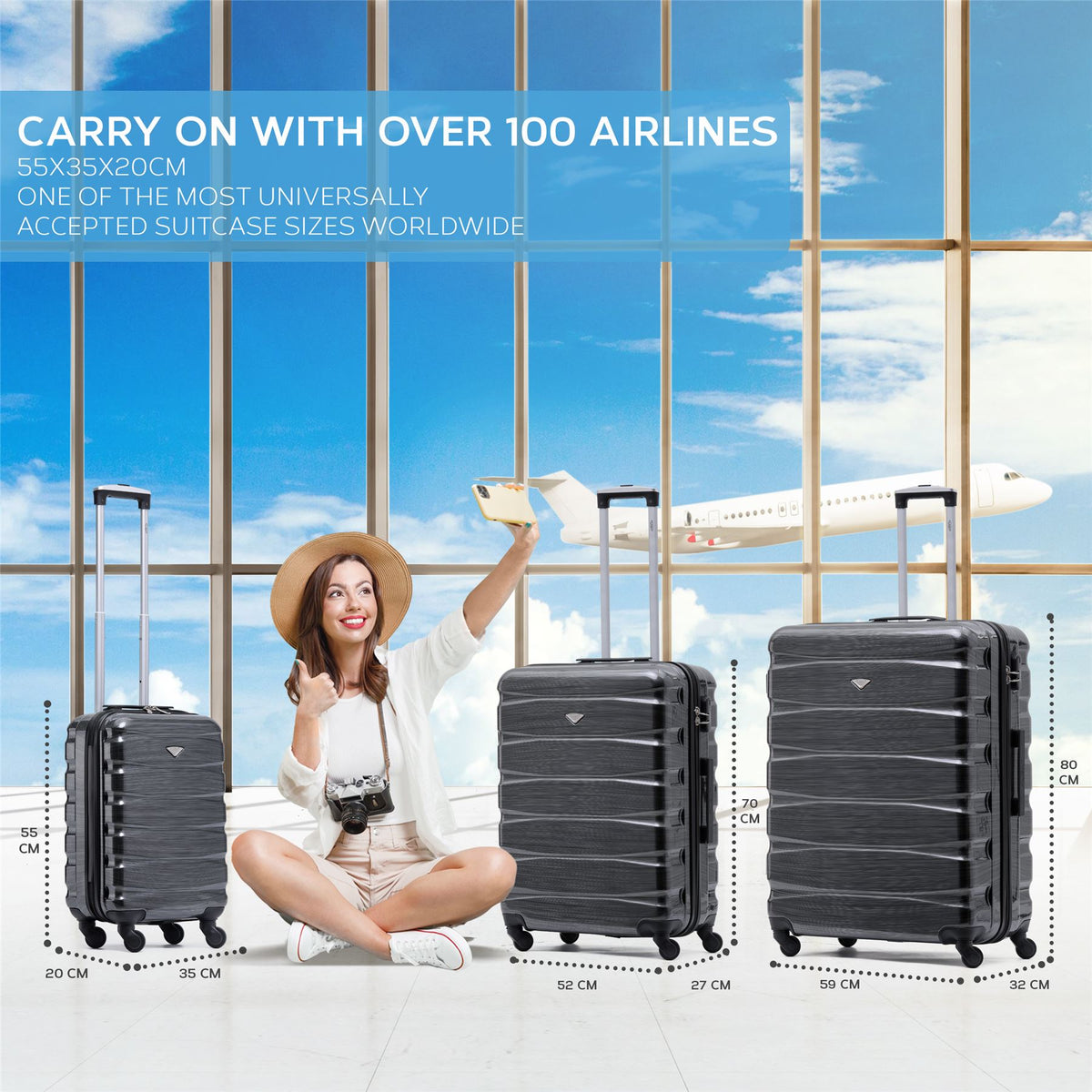 Set Of 3 Hard Shell Suitcase Cabin & Check In Cases With Tsa Lock - Overhead Cabin With Medium & Large Check-in Bag | Set of 3 | Dark Grey