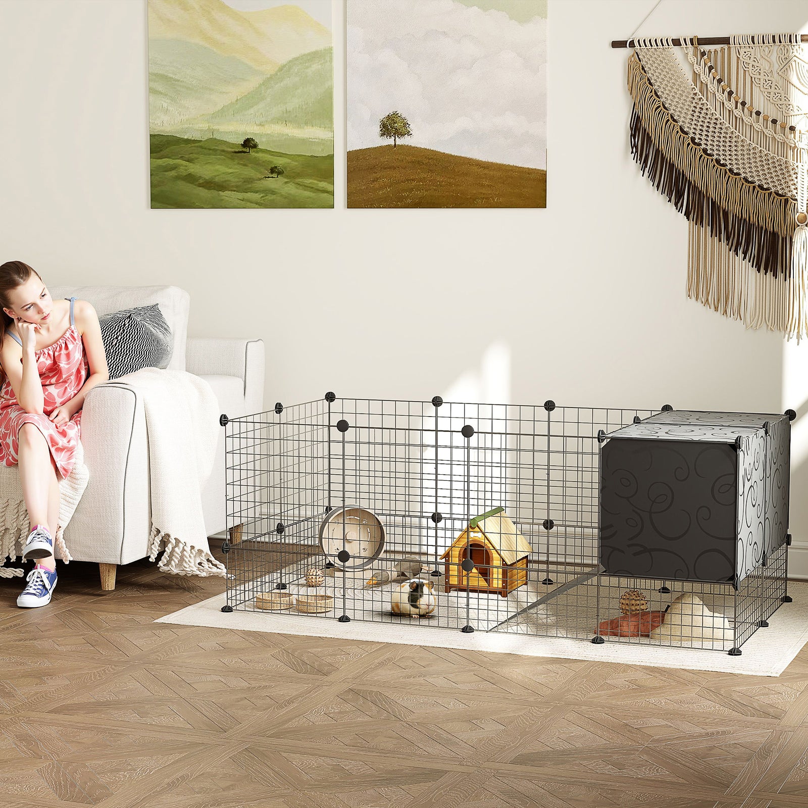 Pawhut Diy Small Animal Cage W/ Elevated Huts For Guinea Pigs, Rabbits