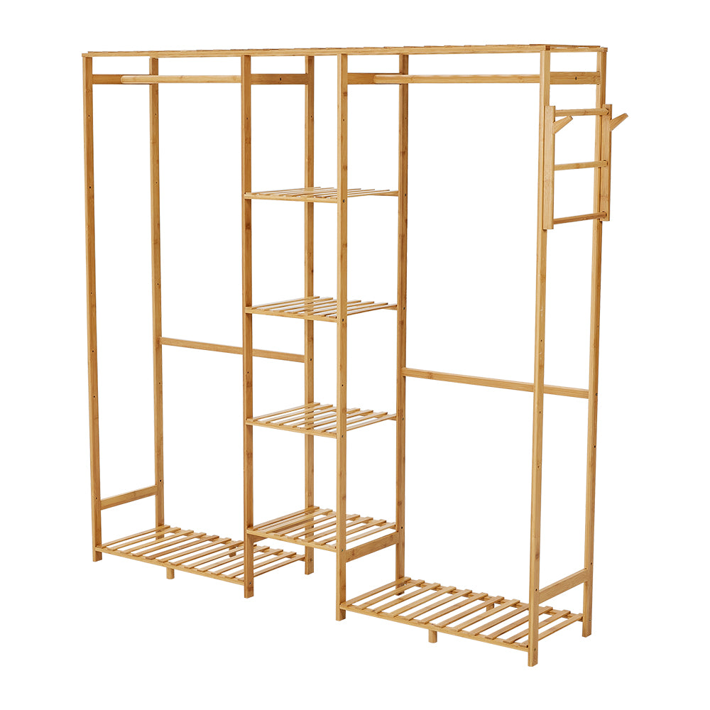 Wooden Garment Rack With Side Hooks Multi-functional Freestanding Clothes Organizer | Large | Natural