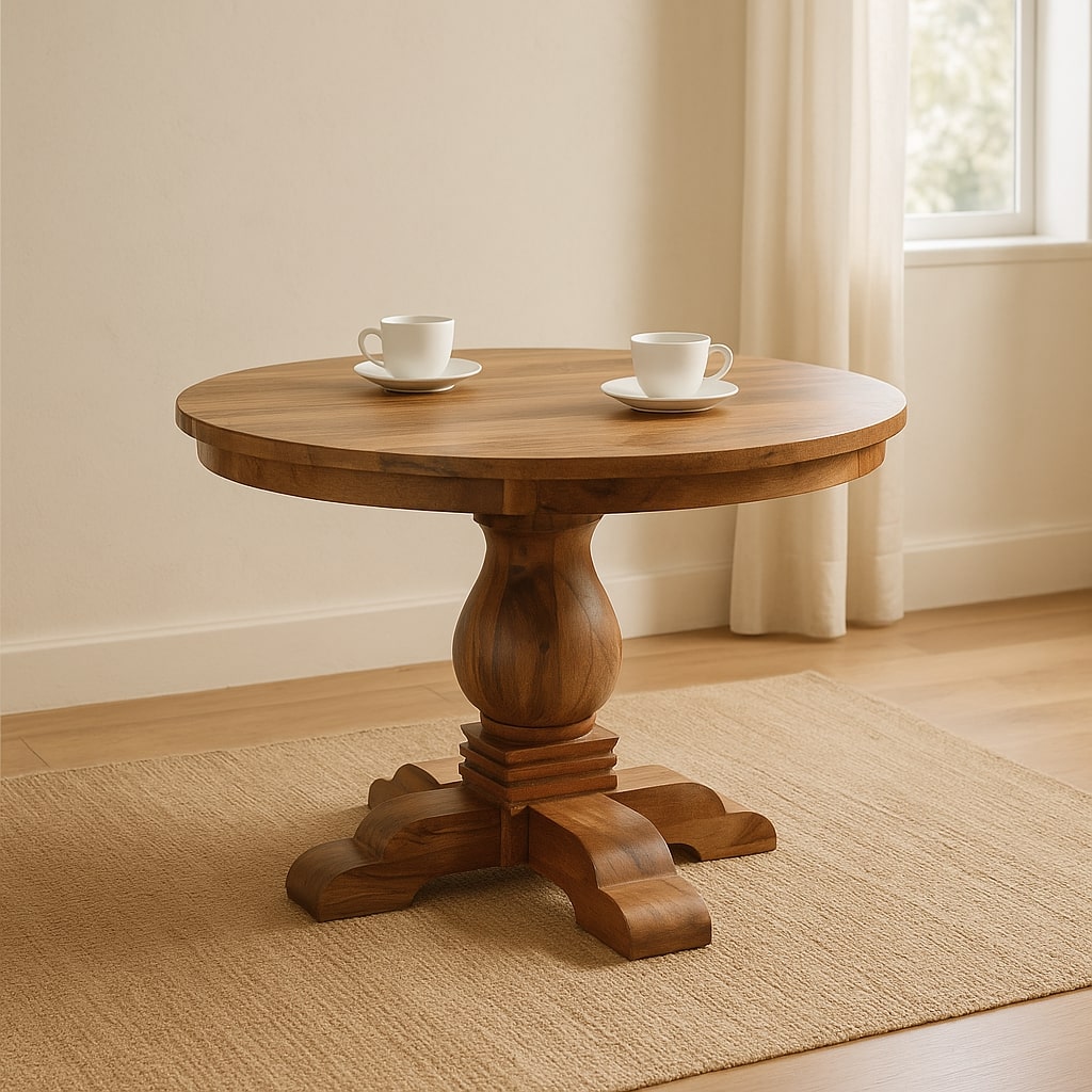Valentina Round Dining Table – Solid Wood, Sculpted Pedestal Base