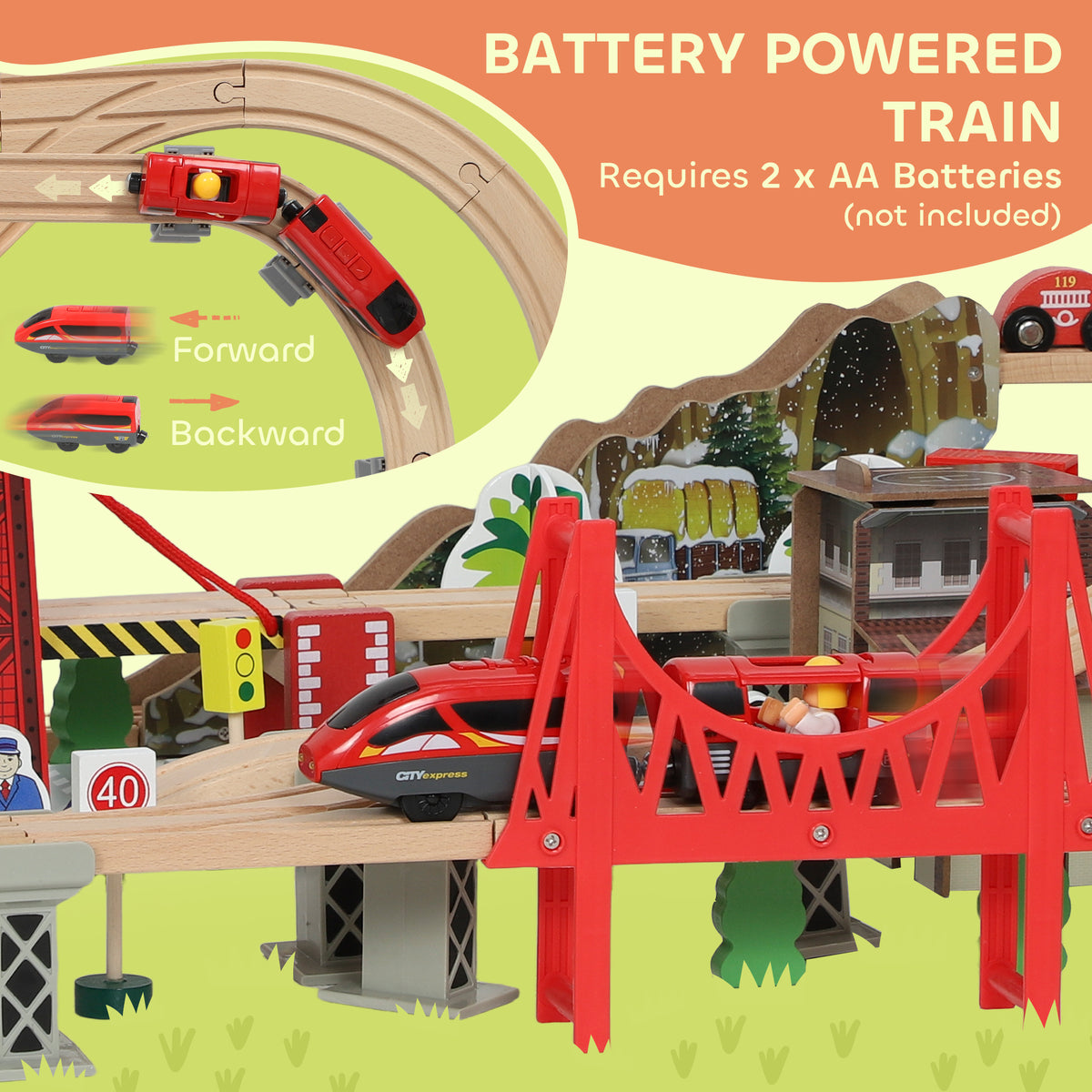 AIYAPLAY Wooden Train Set, 100 Piece Toy Train With Crane For 3+ Years Old