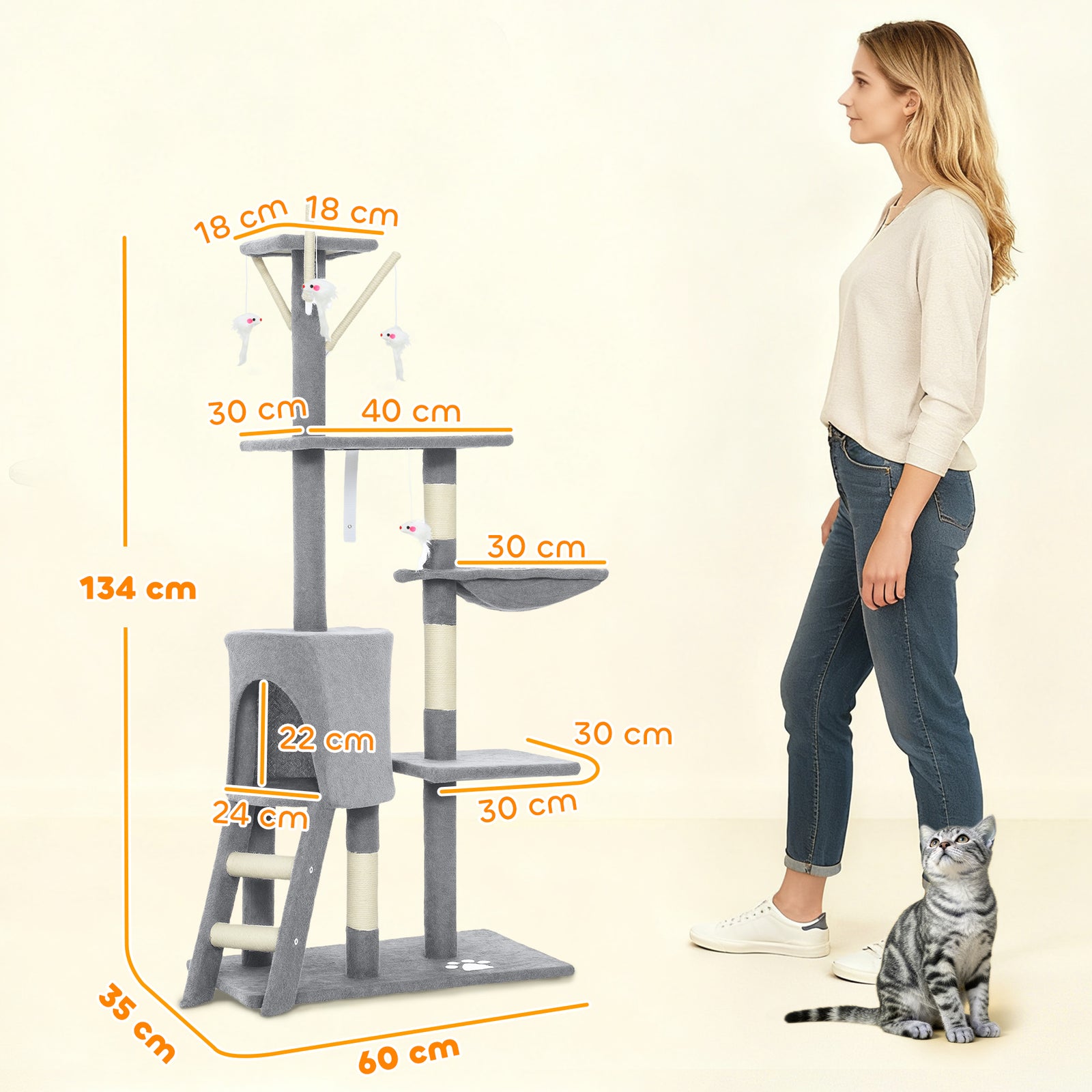 Cat Tree For Indoor Cats, 134cm Scratching Post Climbing Tower | Grey