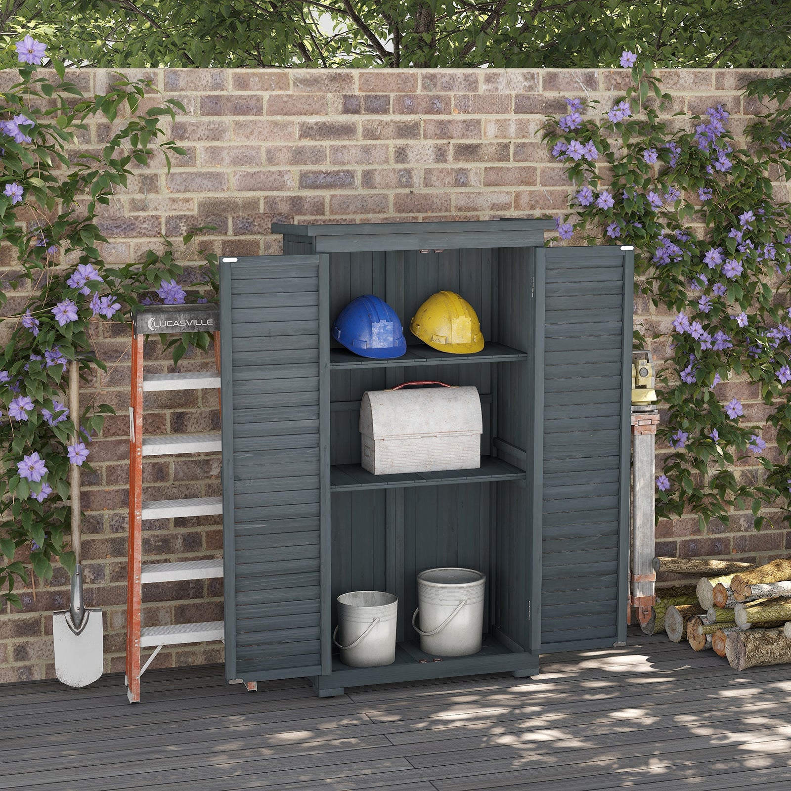 Wooden Garden Storage Shed With Asphalt Roof & Shutter Doors