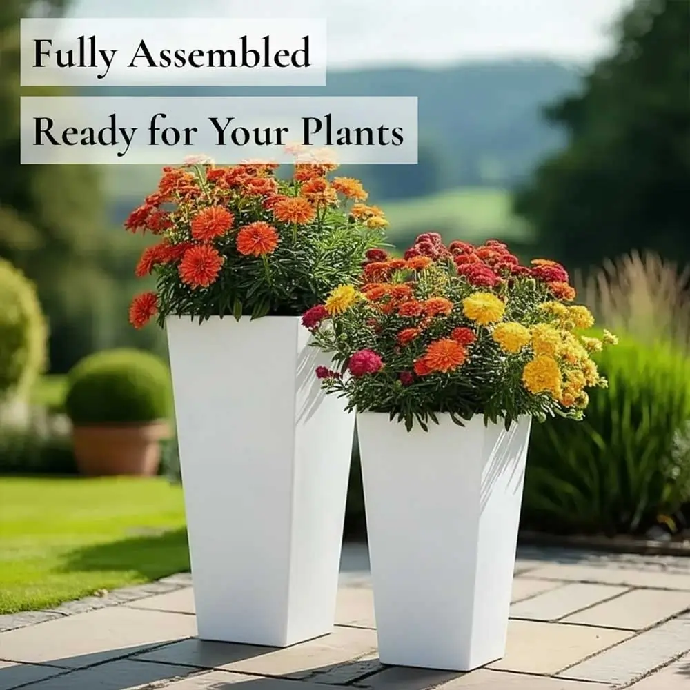 Zinc Galvanised Tall Flared Tapered Square Planter | 40cm x 40cm x 90cm | White