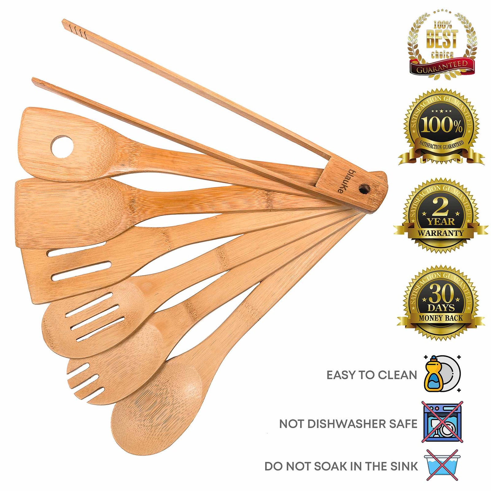 BlauKe Wooden Kitchen Utensils Set Of 7 - Bamboo Cooking Utensils For Non-stick Cookware - Wooden Spatulas, Wooden Spoons, Tongs