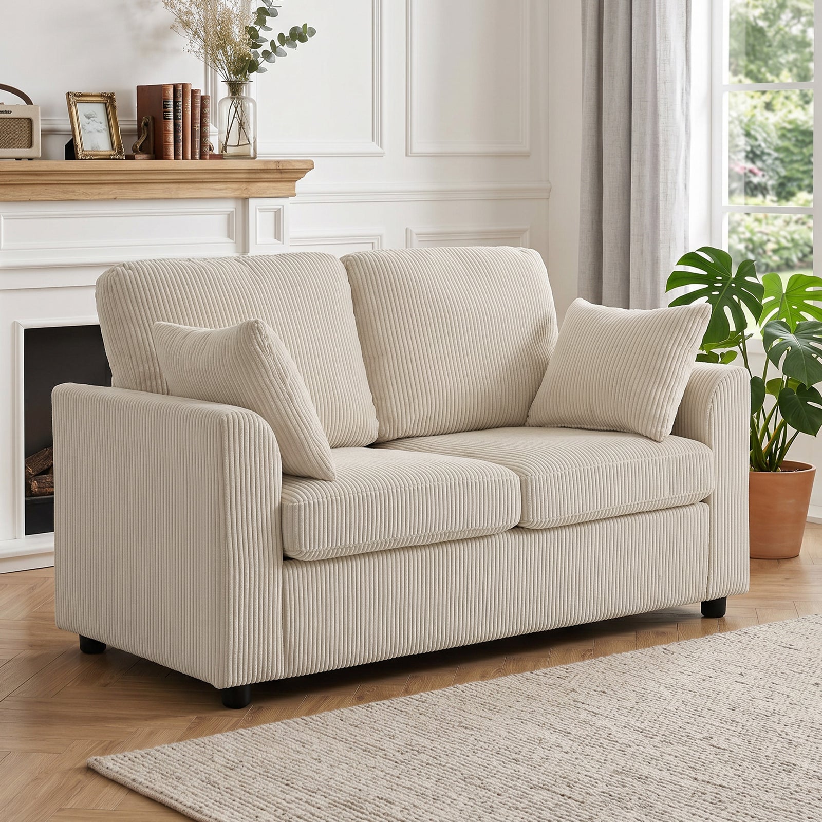 2 Seater Sofa, Corduroy Small Couch With Spring Cushion | Beige