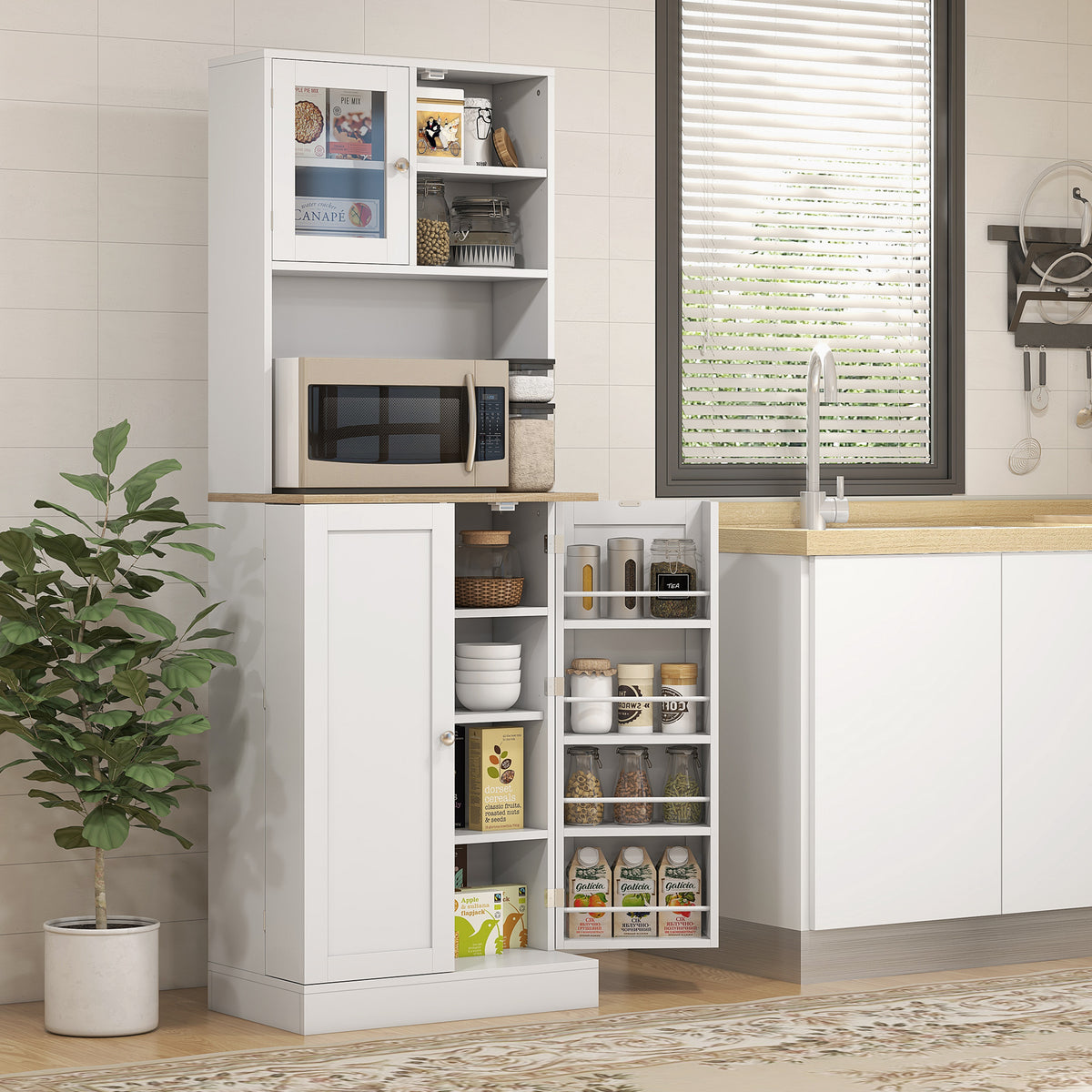 HOMCOM 169cm Tall Kitchen Pantry Storage Cabinet With Microwave Shelf