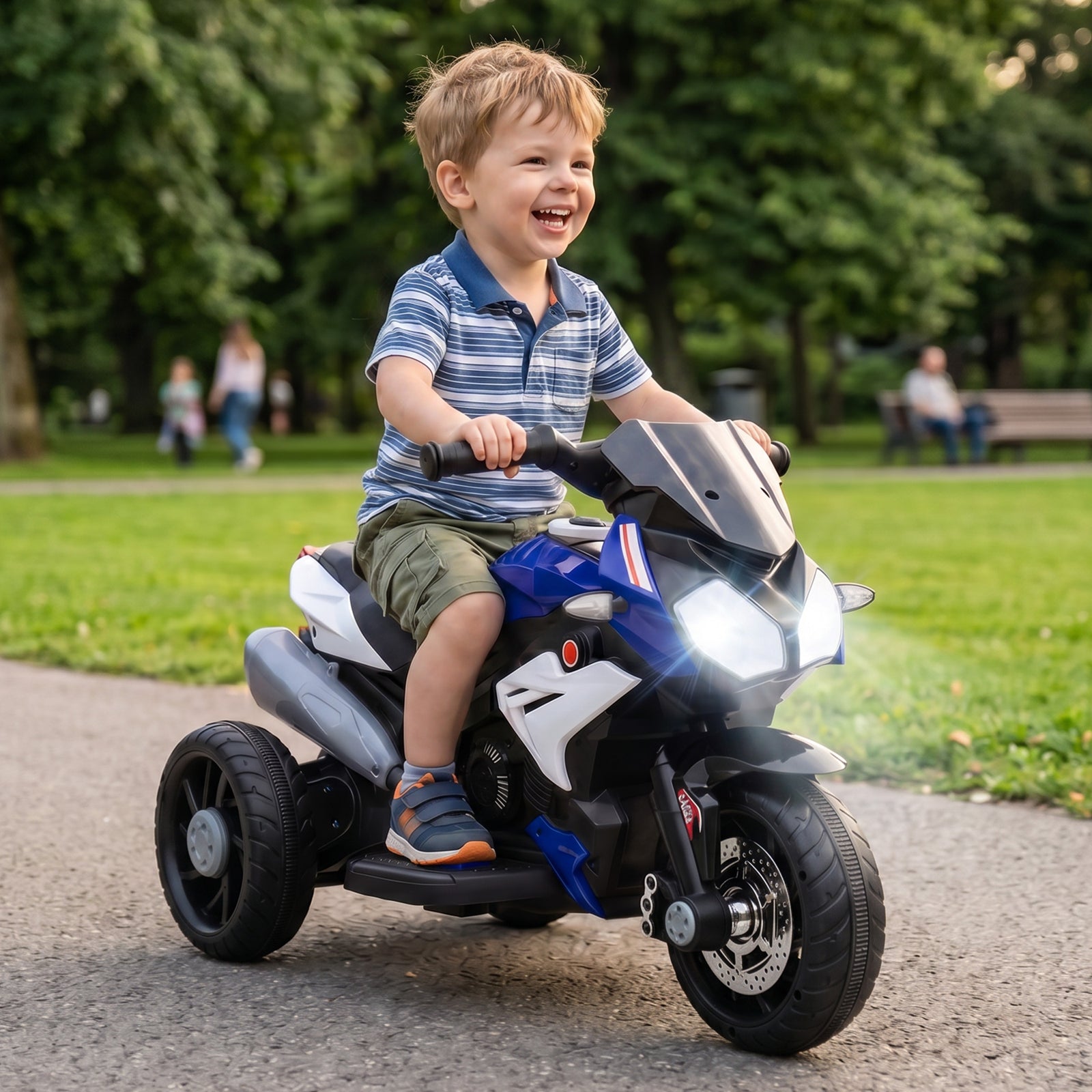 Kids Electric Motorcycle With 3 Wheels, Headlight, Music, Horn | Blue