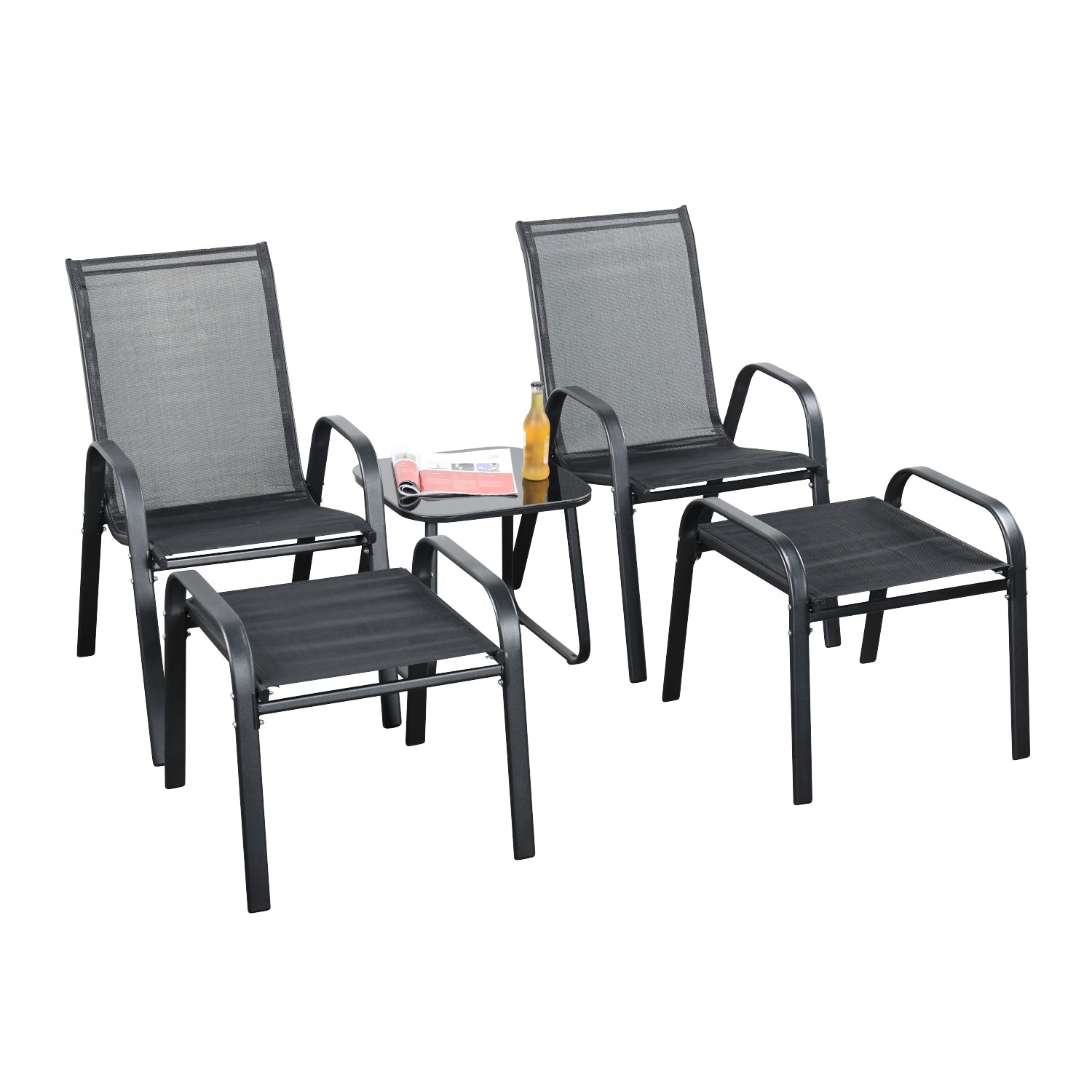 Brooke 5 Piece Black Bistro Set With Foot Stools