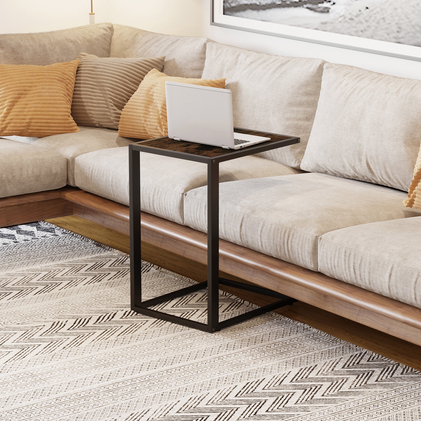 C-shape Side End Table W/ Steel Frame Wide Base | Brown