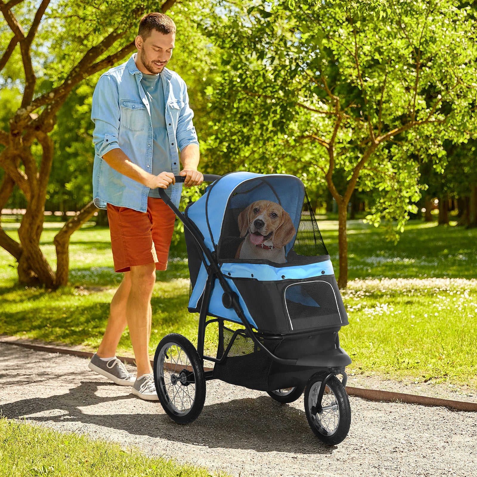 3 Wheel Pet Stroller, For Medium Small Dogs, Foldable Cat Pram | Blue