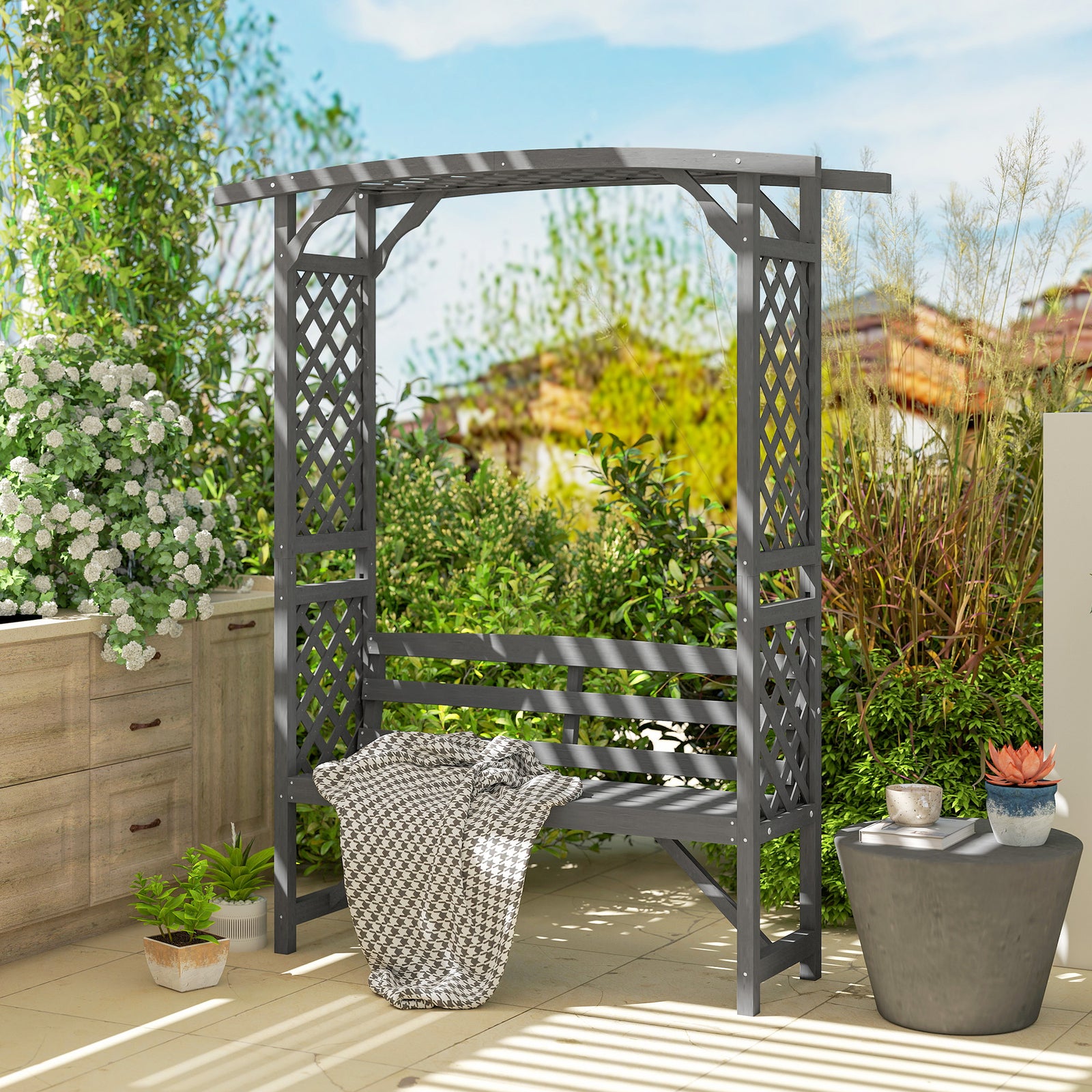 Arch Pergola With Seat, Natural Wood, Grey