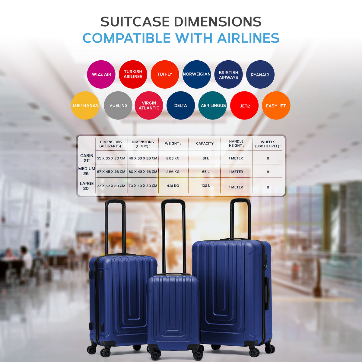 Set Of 3 Hard Shell Suitcases Overhead Carry On Cabin Bag & Check In 20kg+ Medium And Large Bag. | Set of 3 | Navy Blue