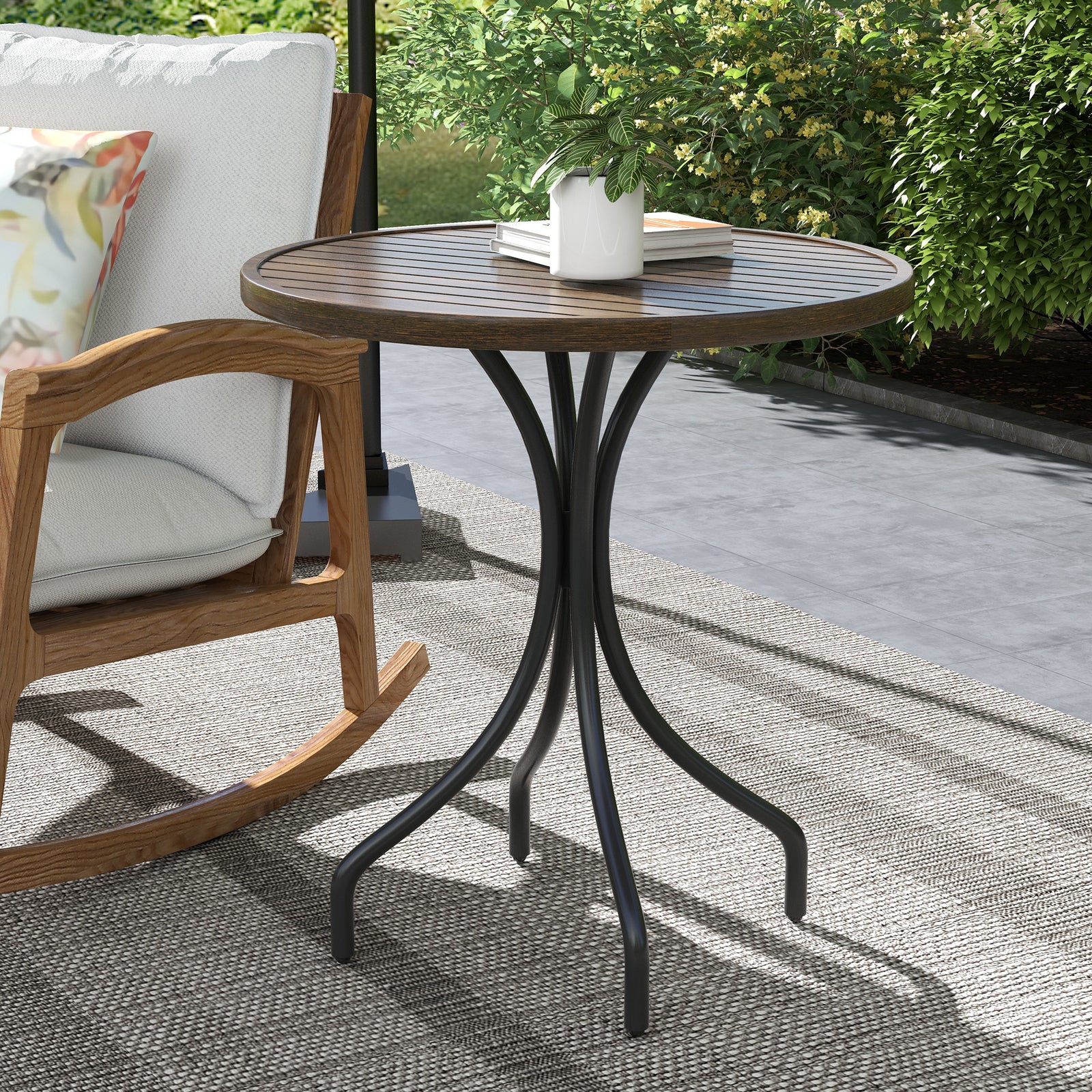 66cm Garden Table, Round Patio Table W/ Steel And Slat Top | Brown