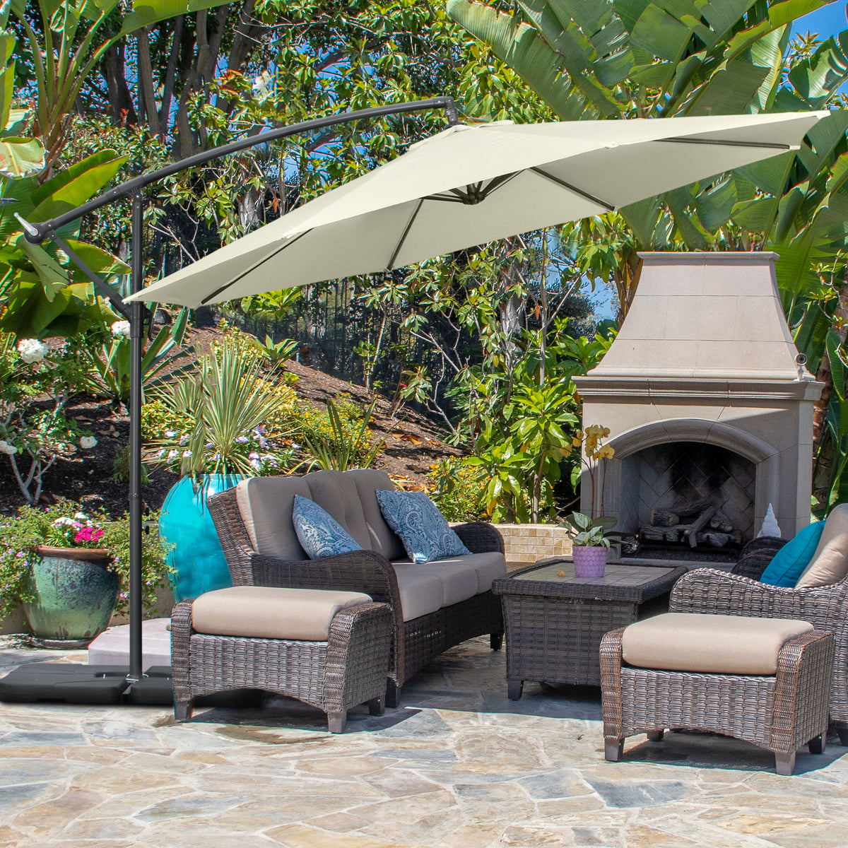 3(m) Garden Banana Parasol Cantilever Umbrella w/ Base Weights & Cover | Beige