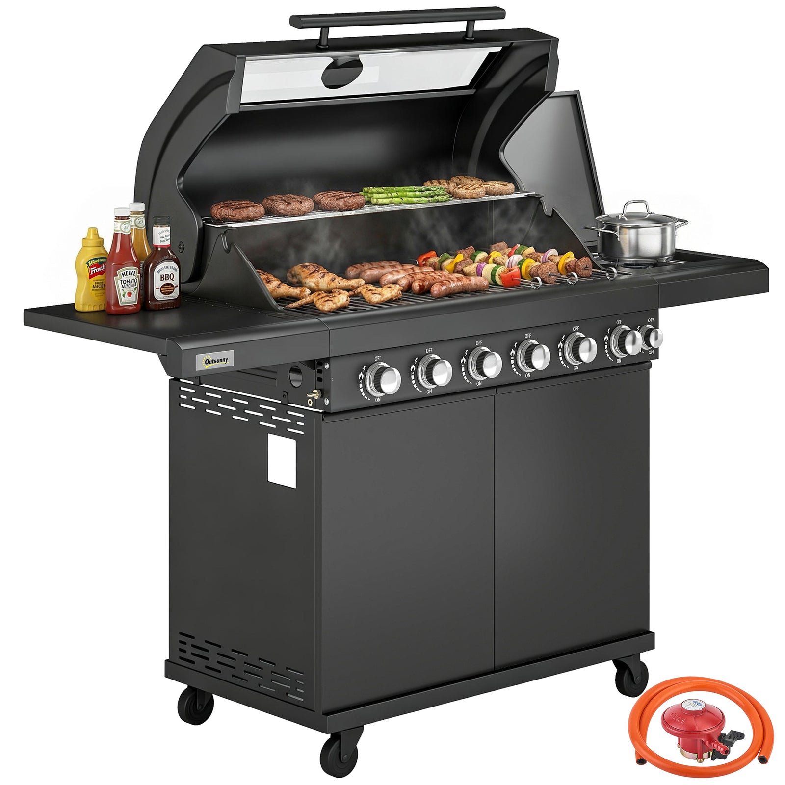 6+1 Burner Gas Bbq Grill, Barbecue Grill With Warming Rack | Black