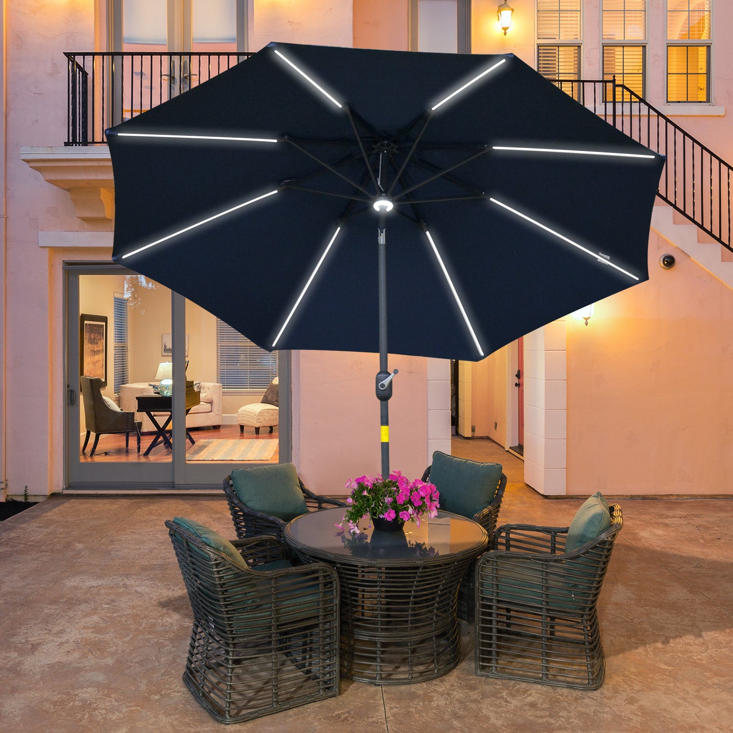 2.7m Parasol W/ Led Solar Light & Angled Canopy | Blue